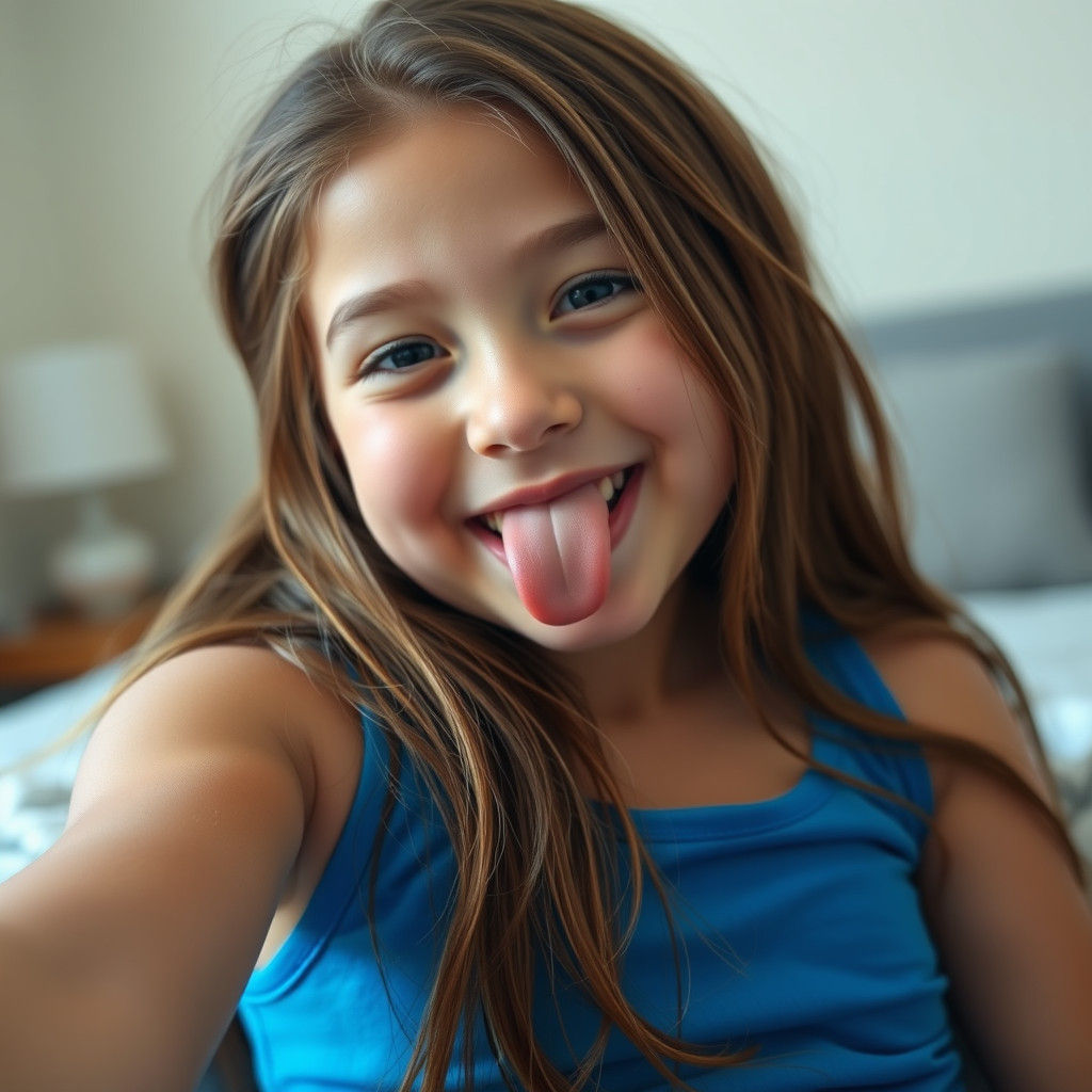 A young girl with a bright, carefree smile and a playful ton...
