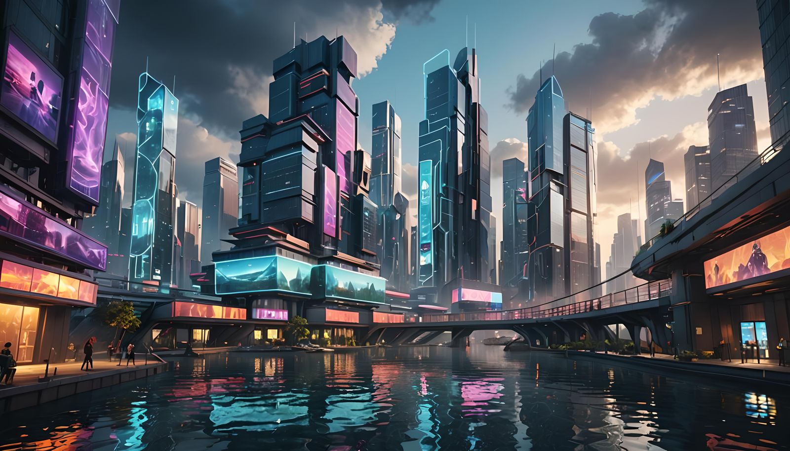 futuristic riverfront with glass walls holding back the wate...