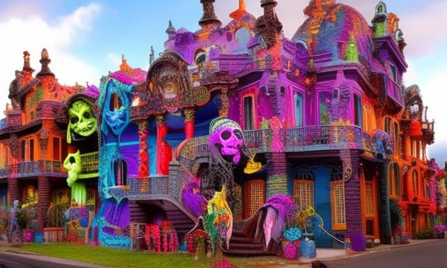 Haunted "Dia De Los Muertos" house surrounded by colorful de...