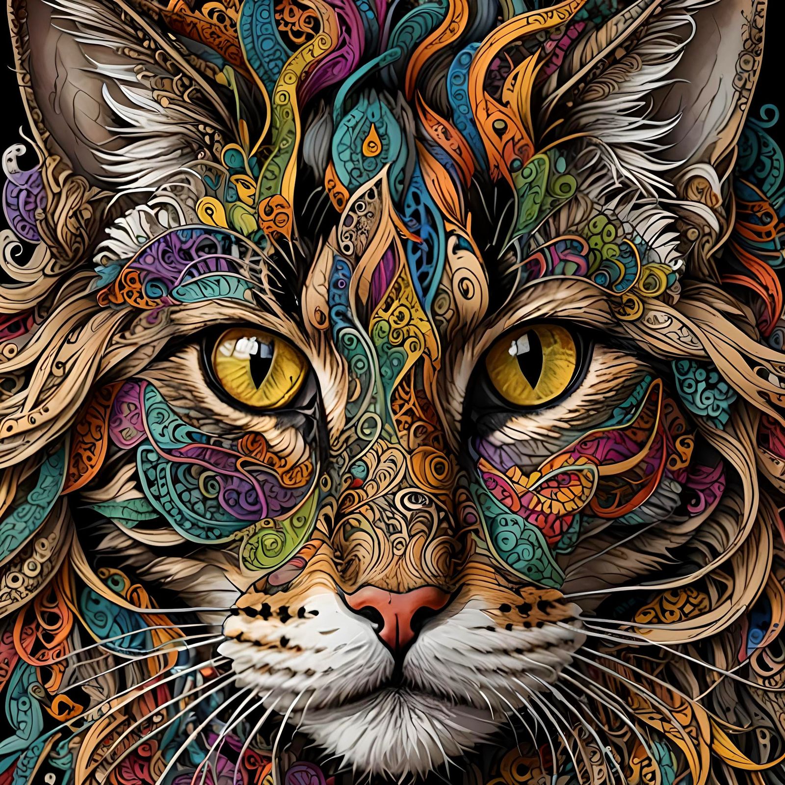 Colorful Zentangle Portrait of a Cat  by @Melanie Rhoades 