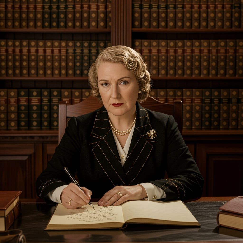 "A photograph in the style of a vintage 1930s portrait, featuring Agatha Christie. She is seated comfortably at a sturdy wooden writing desk...show the name of the book 'Death on the nile'