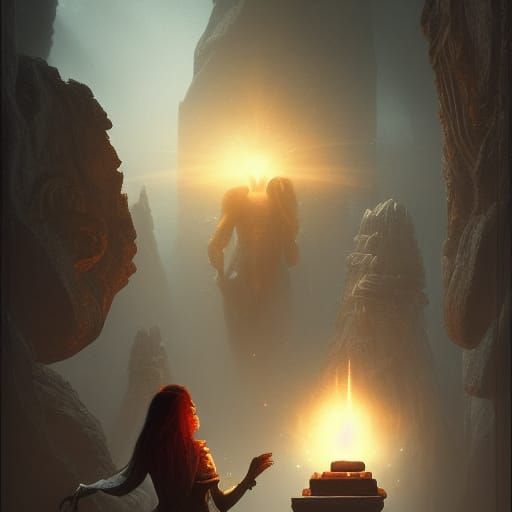 alien temple woman priestess offering light at carved stone ...
