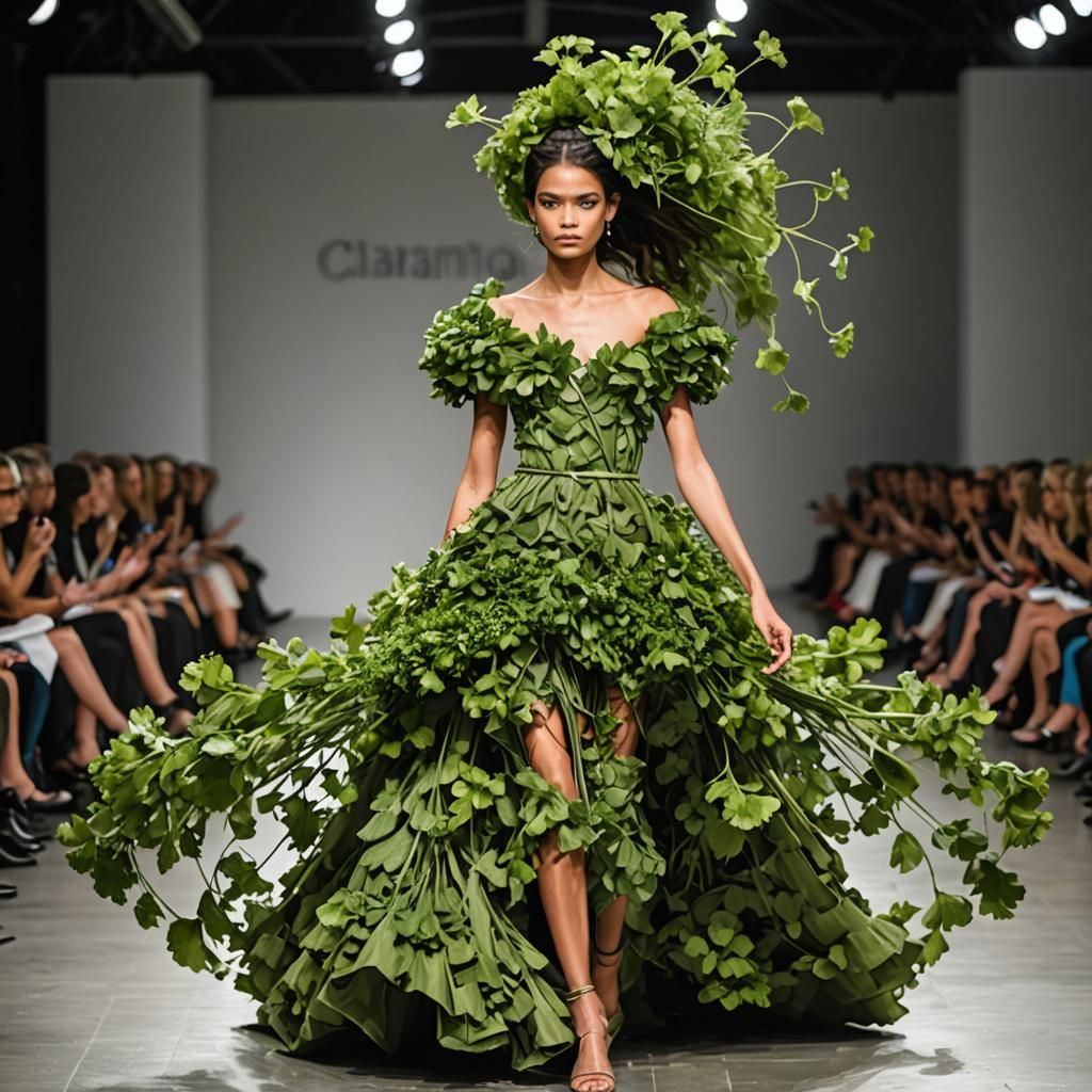 A high fashion model walking down the runway in a dress crea...