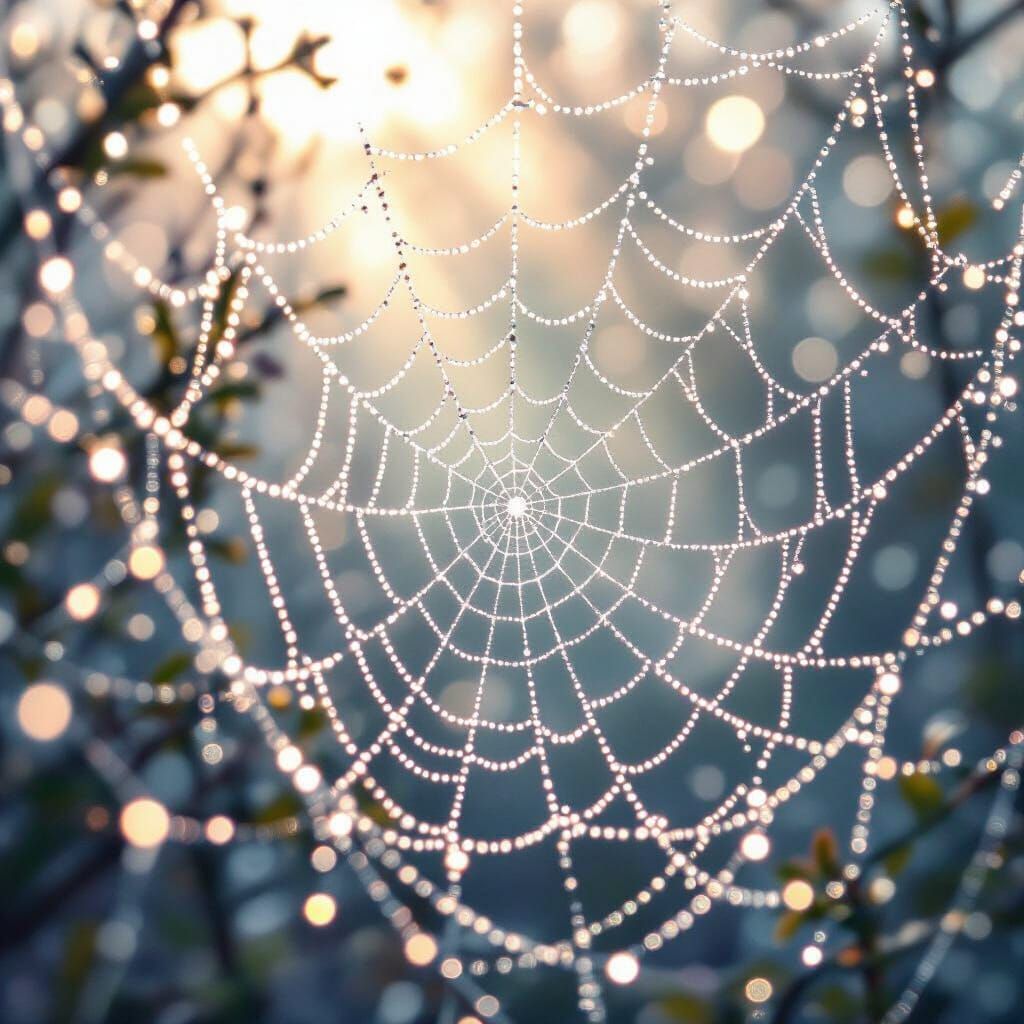 Intricate Spiderwebs Glistening with Dew in Ethereal Light