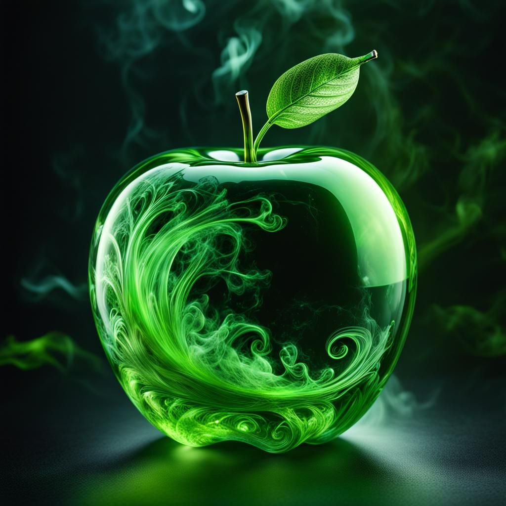 Insane depth, a delicate glass apple, smoking with cosmic energy, green and lime highlights, high quality ...  by @Art_Influencer