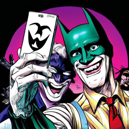 Batman and the joker take a selfie but switch each other’s costumes.  by @Uni wind