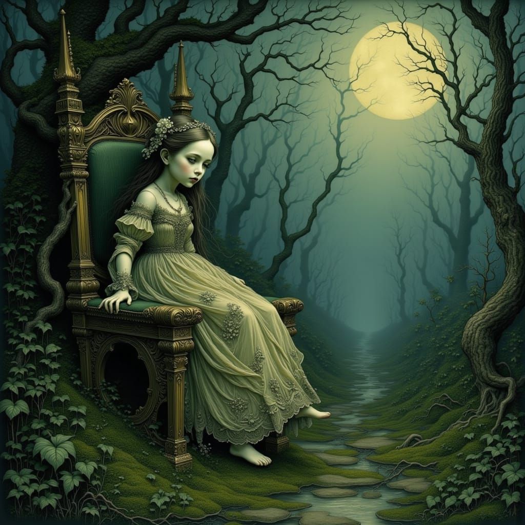 Ornate Doll on Throne in Moonlit Overgrown Garden