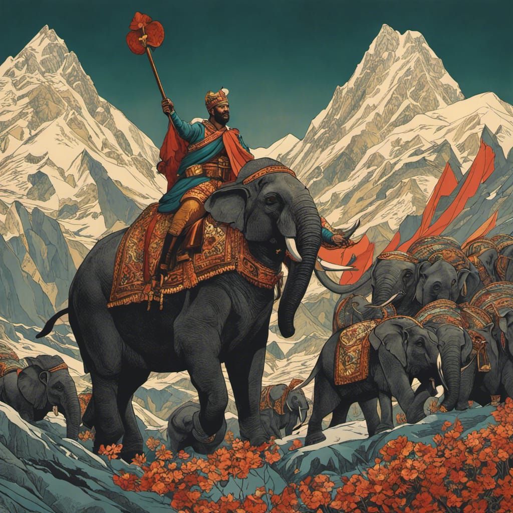 Hannibal crossing the Alps with his 37 elephants during the 2nd