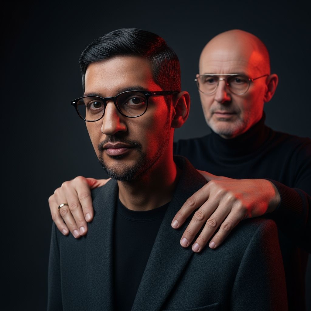 sundar pichai getting luigi mangione'd, masterpiece, in the style of cybermysticpunk, twisted imagination, ron english, cinematic compositio...