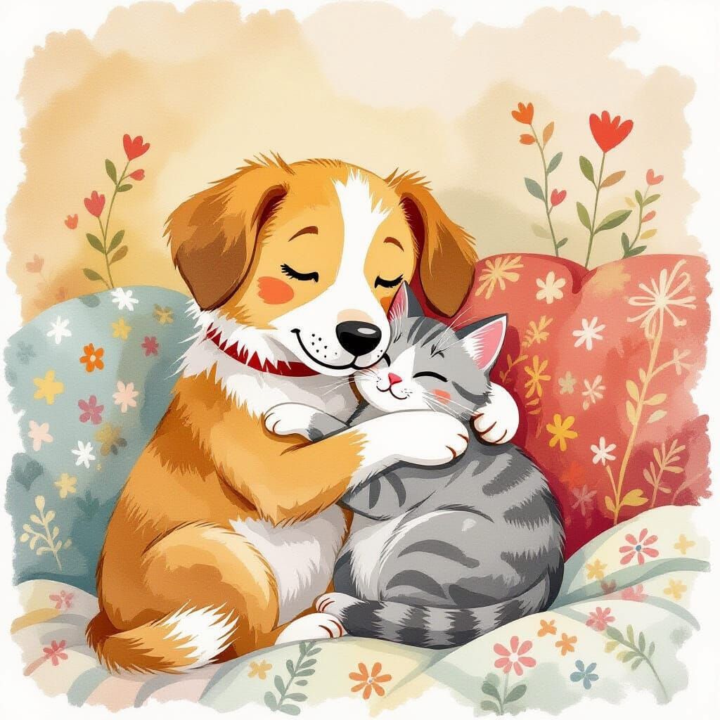 Dog Hugs Cat: Whimsical Watercolor Illustration