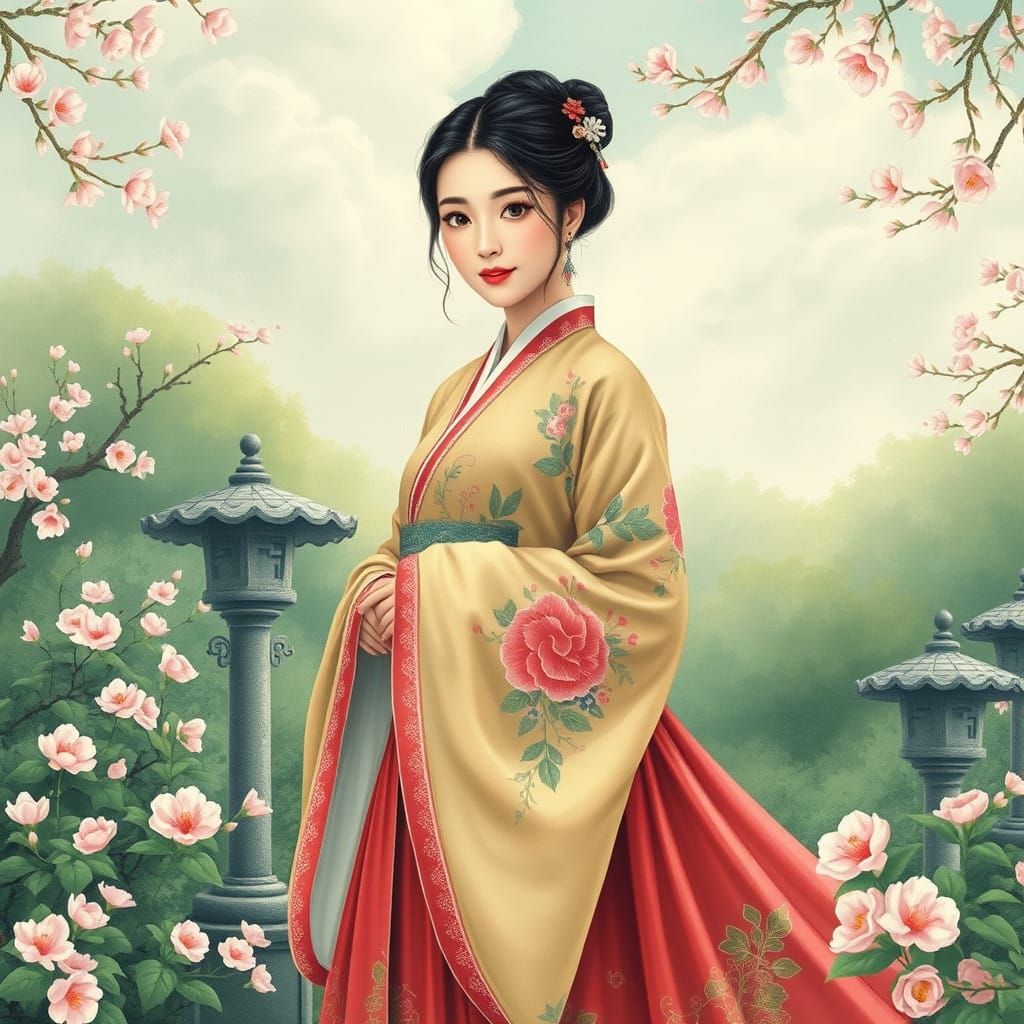 Ethereal Korean Goddess Amidst Cherry Blossoms in Traditiona...