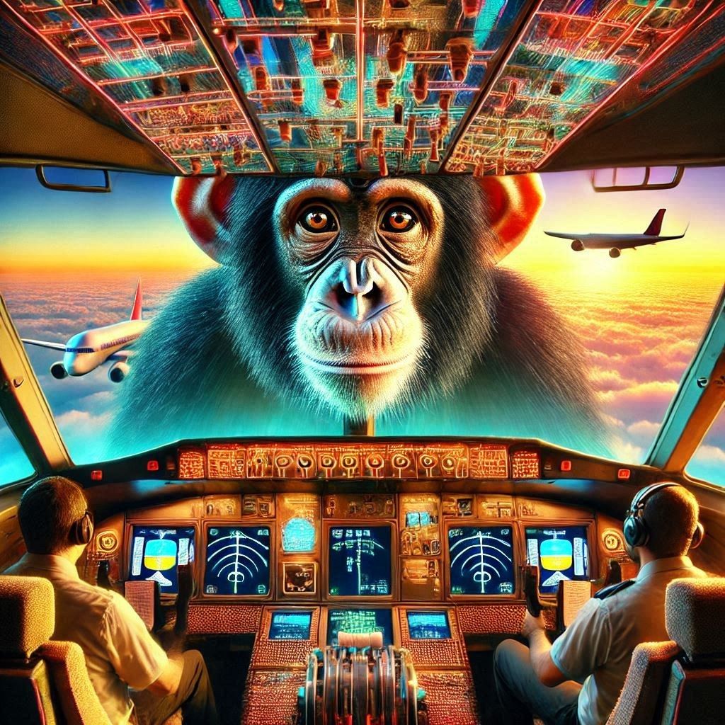 A chimpanzee on the nose of a flying airliner