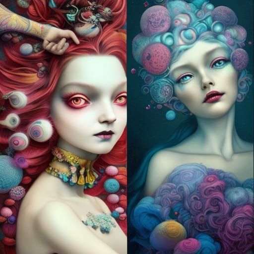 vibrant big hair standing in front of a mirror by artist "an...