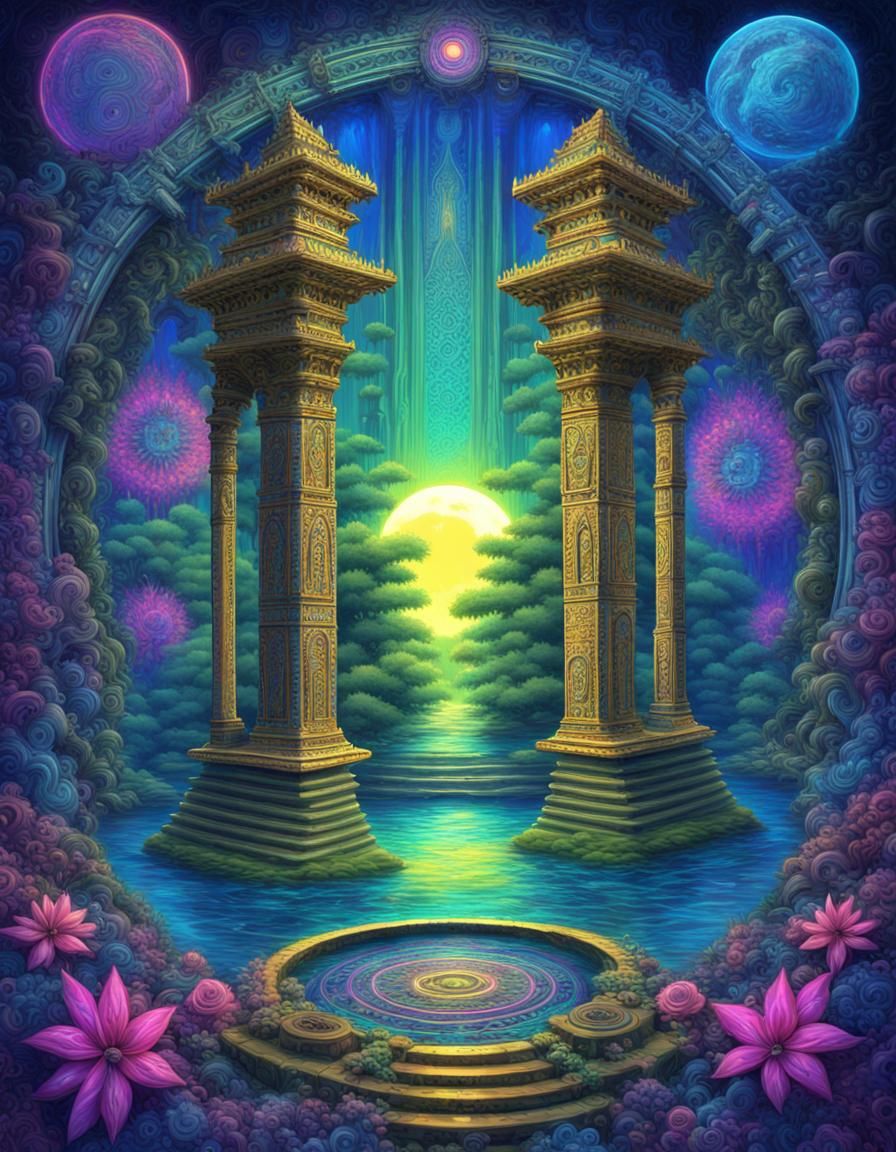 Magical blue and golden bioluminiscent ancient temple in the...