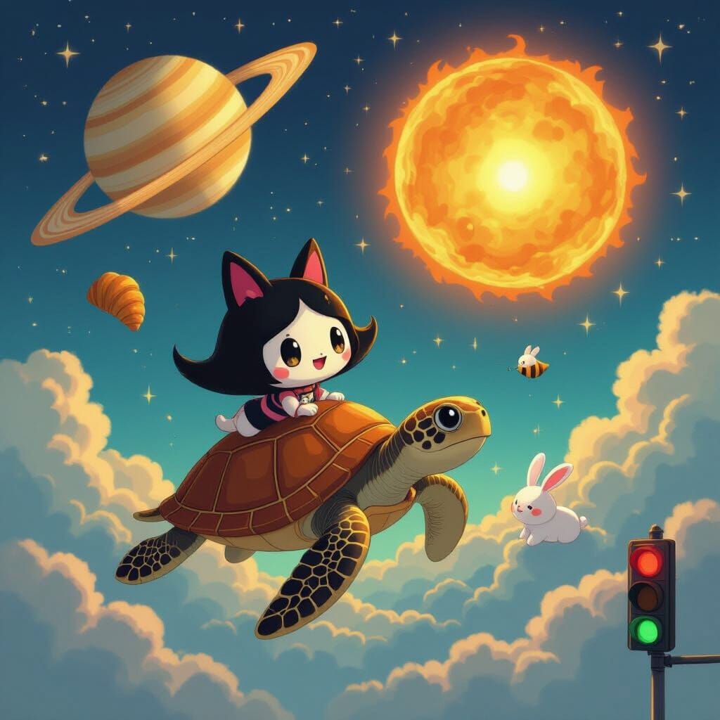 Kuromi Rides Sea Turtle to Saturn Amidst Surreal Cosmic Even...