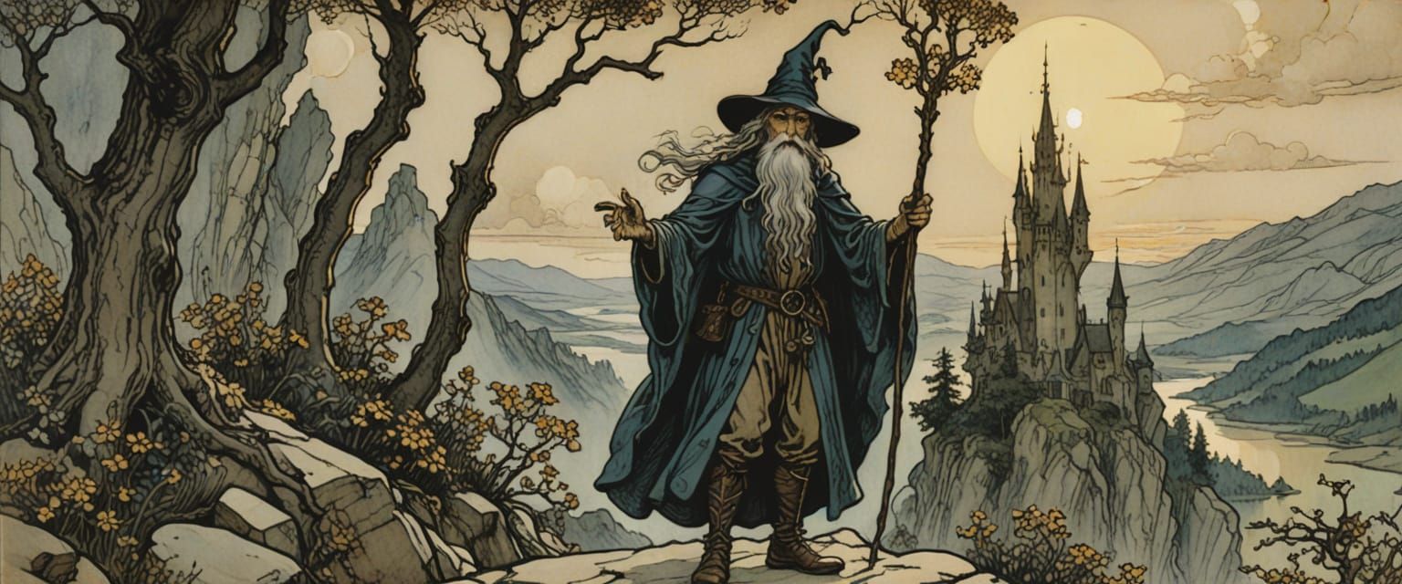 The Wizard by Arthur Rackham, sunlight, bright