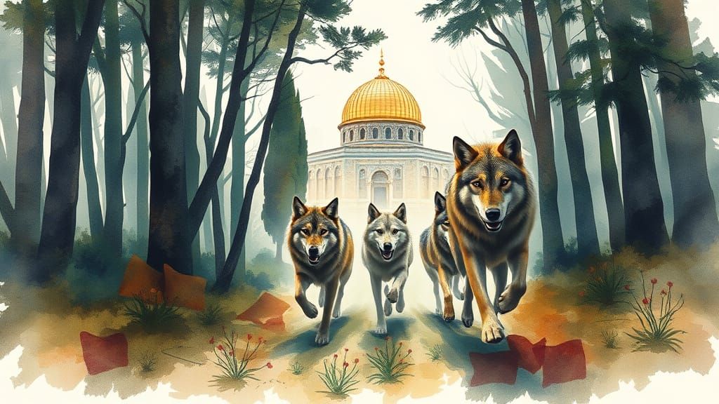 Wolves in Forest with Temple: Watercolor Double Exposure