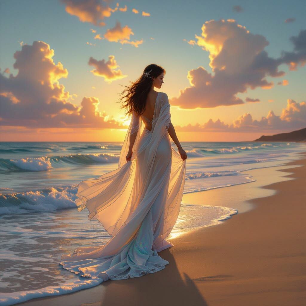 Celestial Maiden Descends on Golden Beach at Sunset