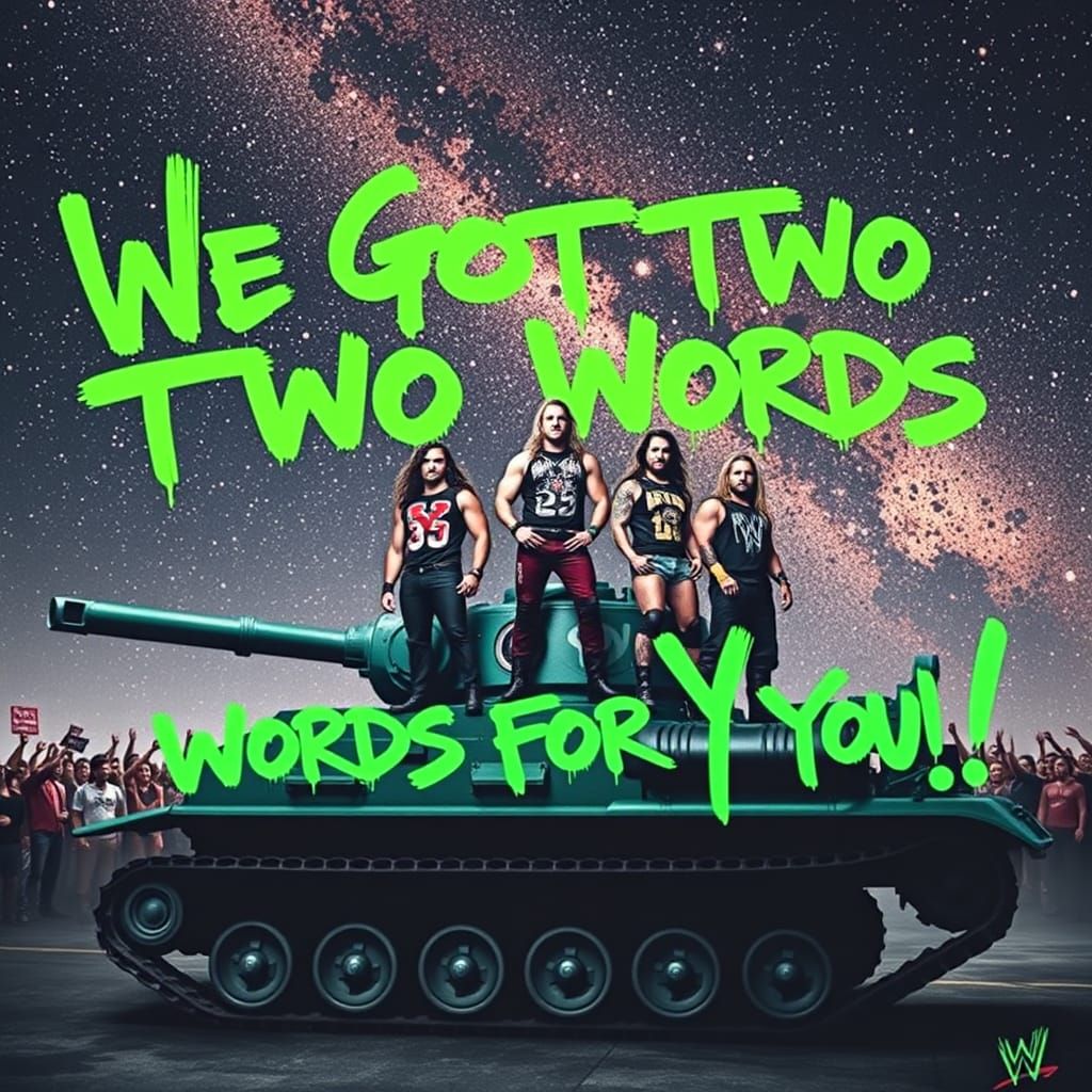 WWE D-generation X all standing on a tank with the universe above the in green Spray paint say “we got ...  by @JFX3d UK