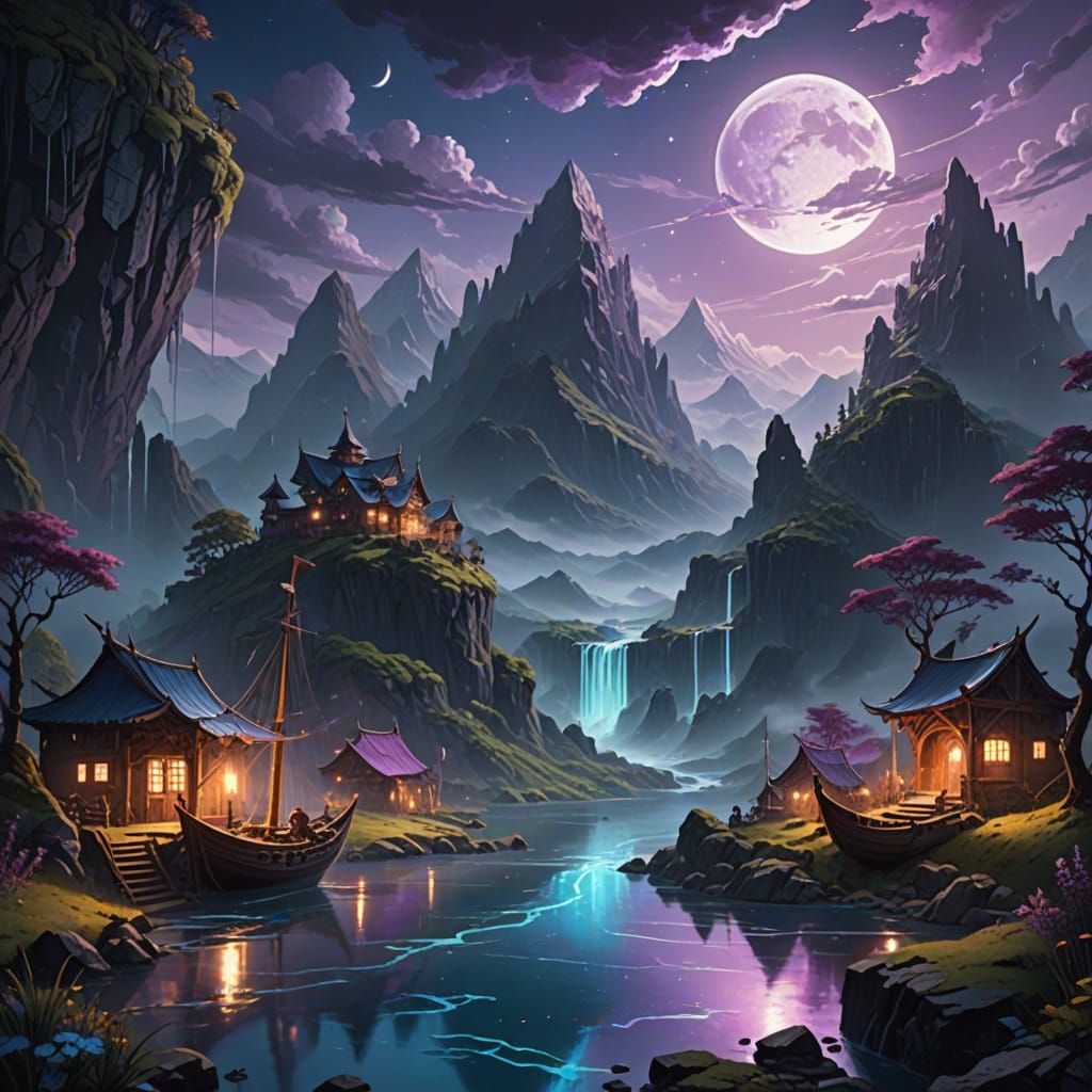 Floating islands drift above an endless manuscript.
A ship sails across rivers of language.
Misty runes glow on mountains of thought.