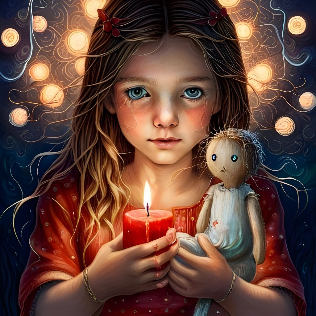 Girl with Voodoo Doll in Fairy Light Glow