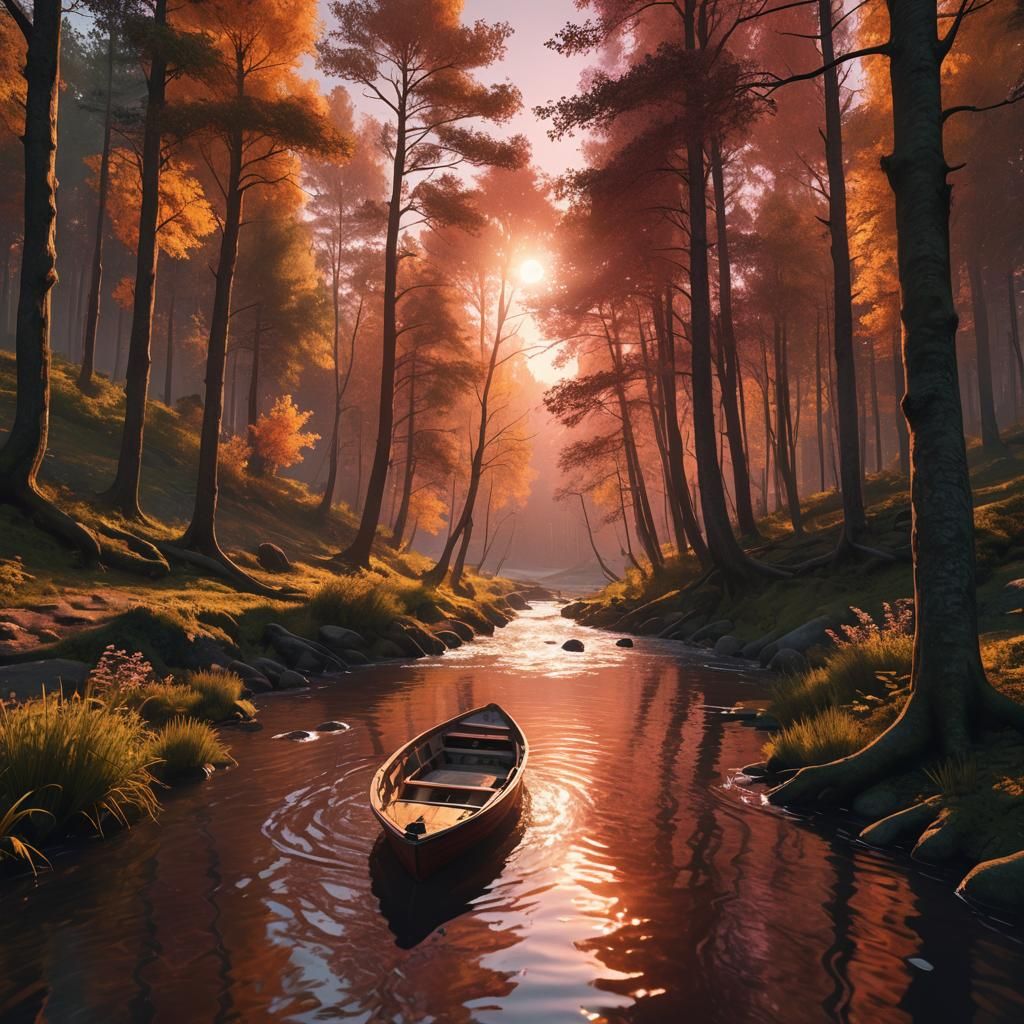 Boat Floats Downstream at Sunset: Digital Art