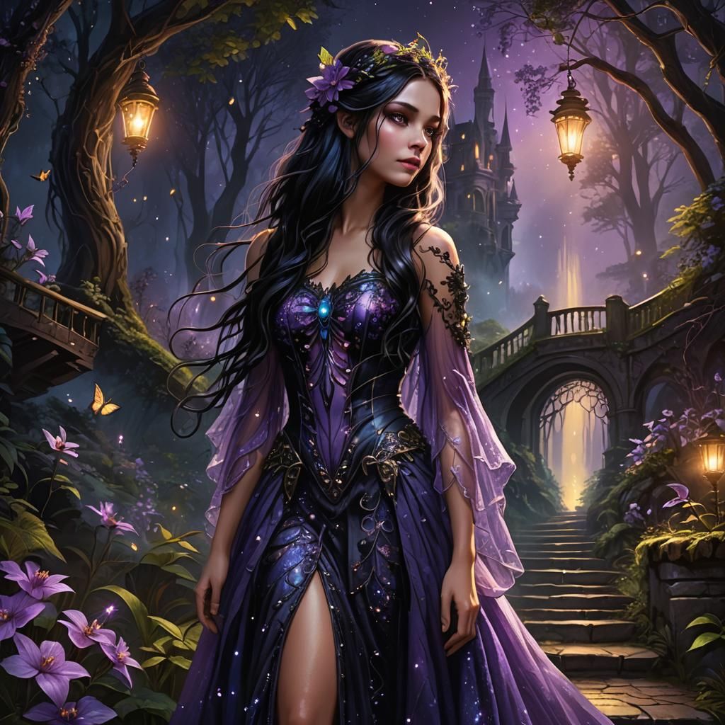 Enchanted Firefly Forest with Gothic Fairy