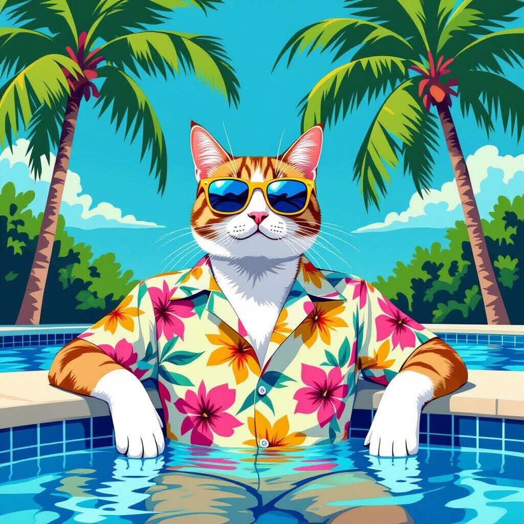 A cat wearing sunglasses by the pool