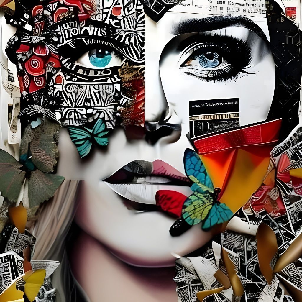 paper collage, Portrait of a realistic  woman  by @Hintero