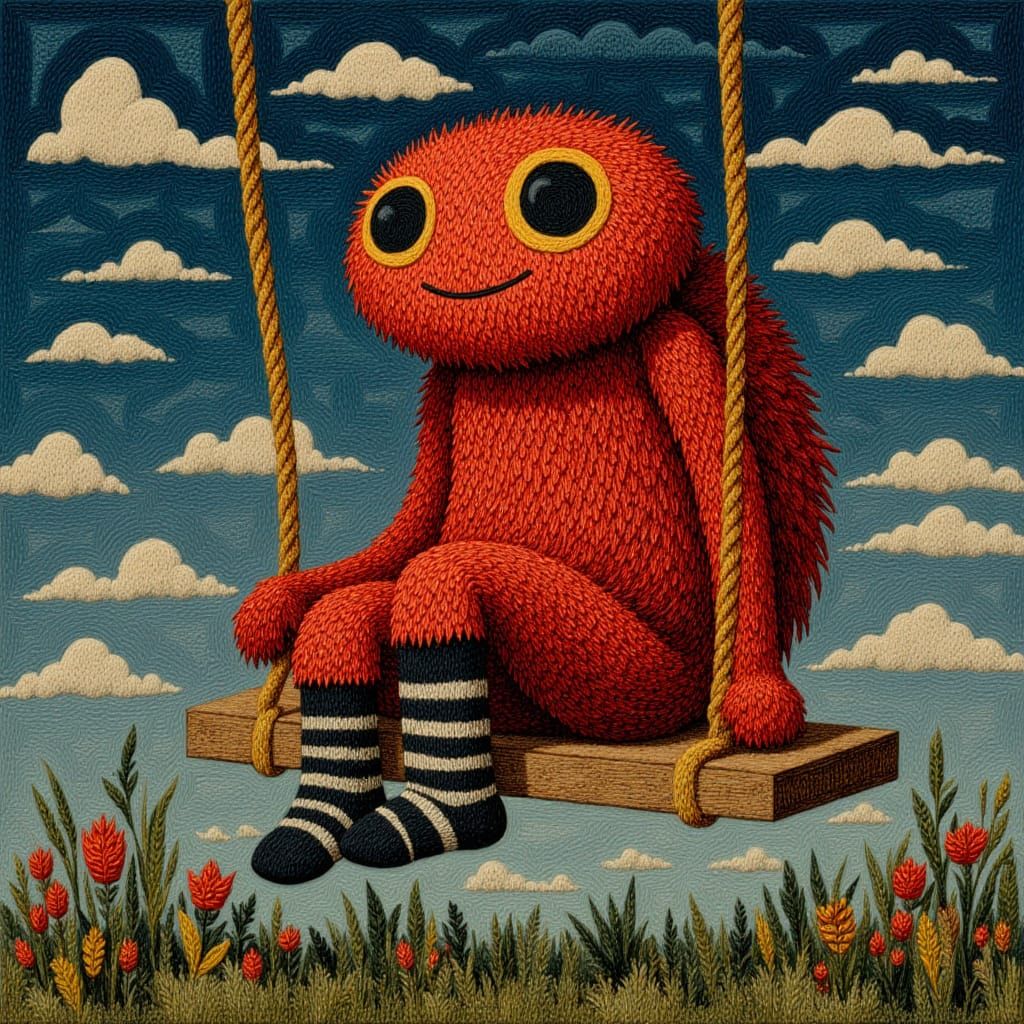 <lora:The Folkdream Set:1.0> A red, furry monster sitting on the end of an old, wooden swing, surrounded by a dark blue sky with clouds. A ...