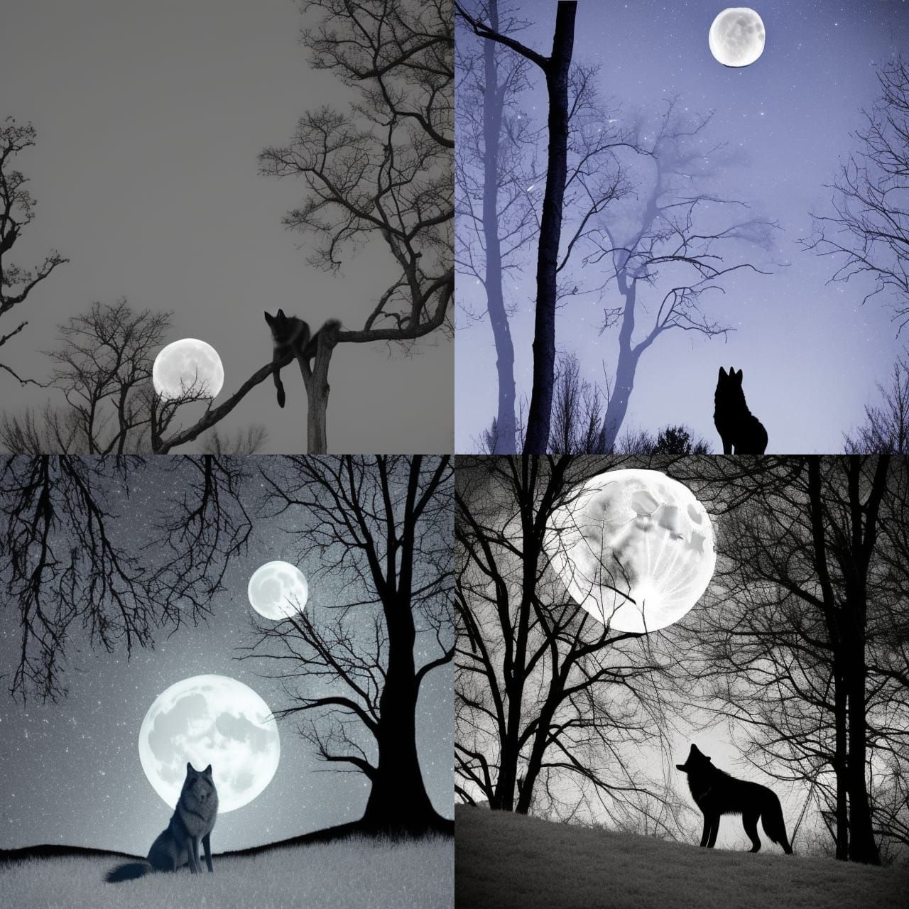 Wear wolf, in the dark, in front of a tree, moon in the back...