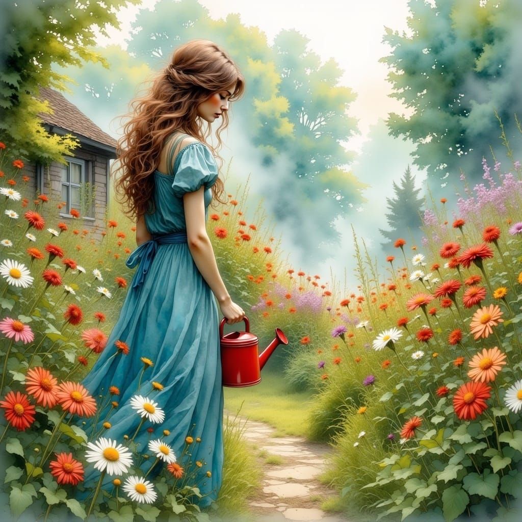 beautiful innocent enchanting Polish woman in summer dress in a beautiful cottage garden holding a red watering can :: vibrant toned down pa...