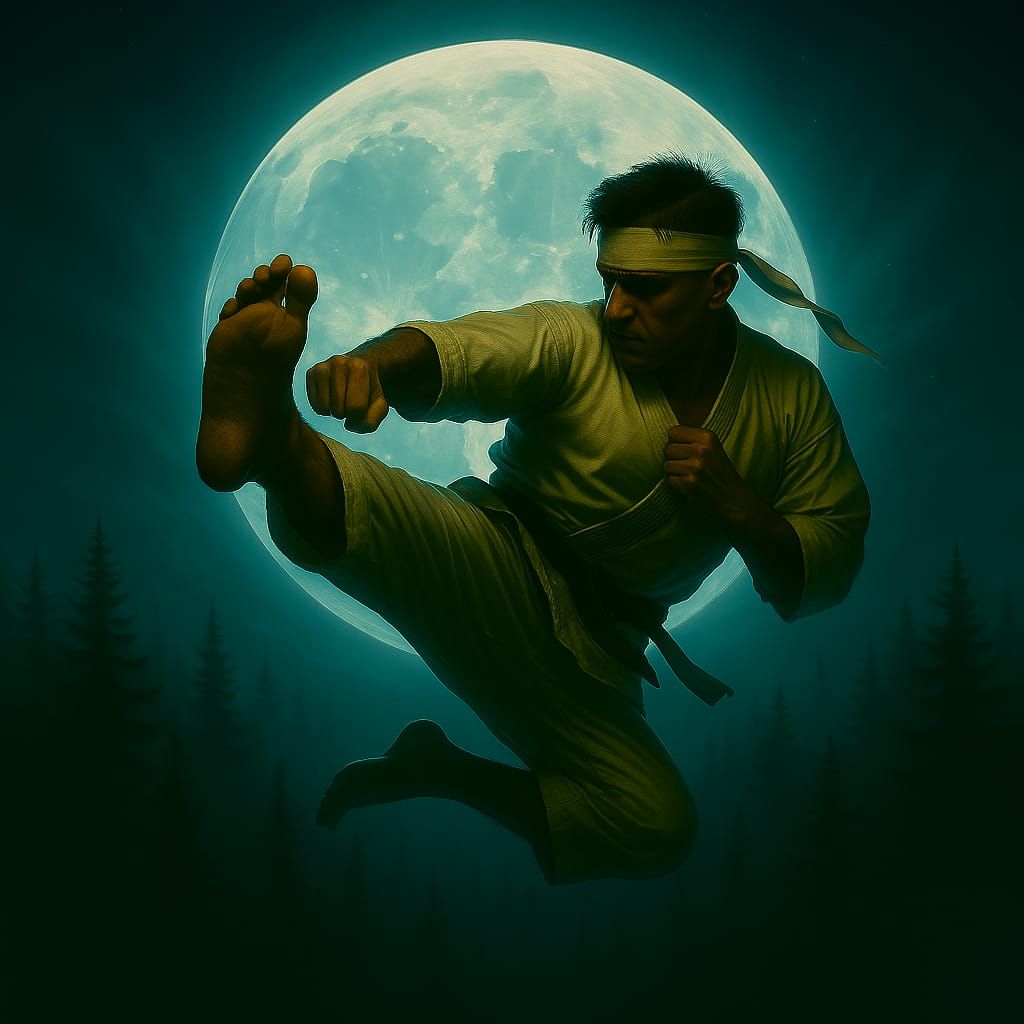 flyin' karate across backlightin' moon