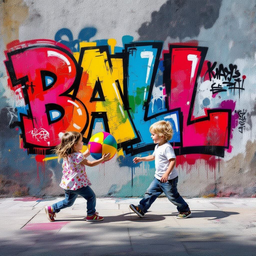 Child Plays with Ball Near Abstract Graffiti Wall