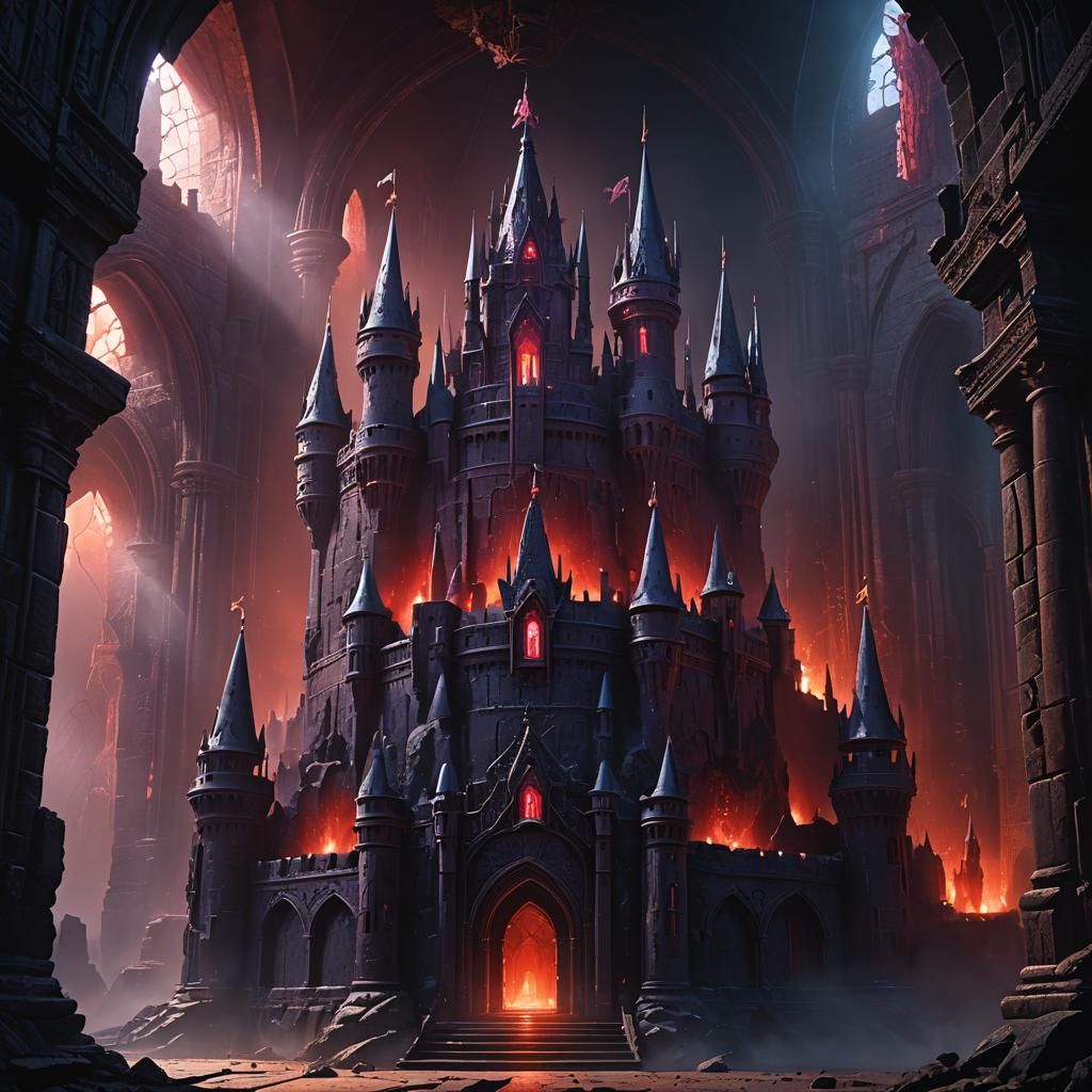 A vanishing Crown in a dark castle with some red touch