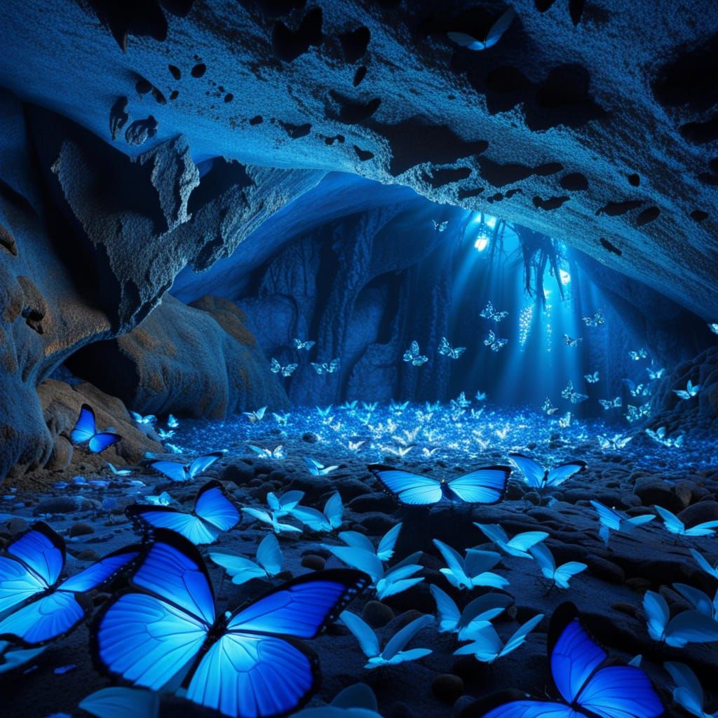 A blue butterfly cave with millions of blue butterflies of different sizes and blue flowing light, blue ...  by @Maui kinepela