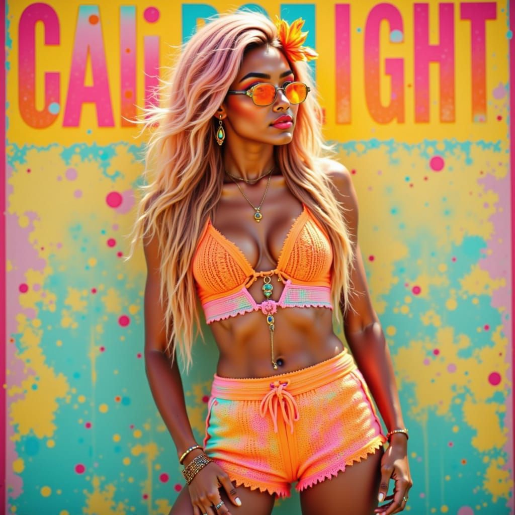 The words ‘Cali Delight’ in tropical colors on a banner across the top of image 

(Inspired by tropical blends like mango, coconut, and pine...