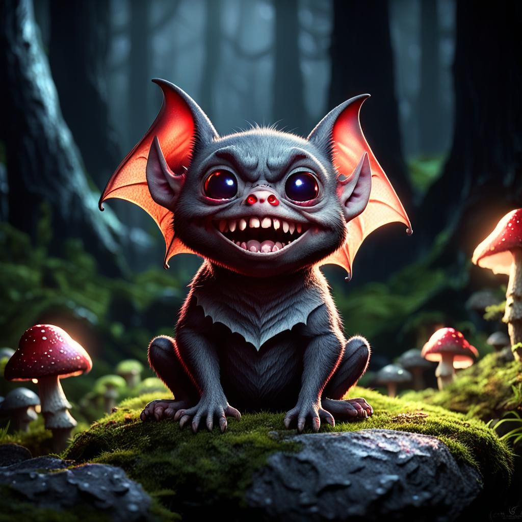A vampire bat with big, round eyes and a sweet, playful smil...