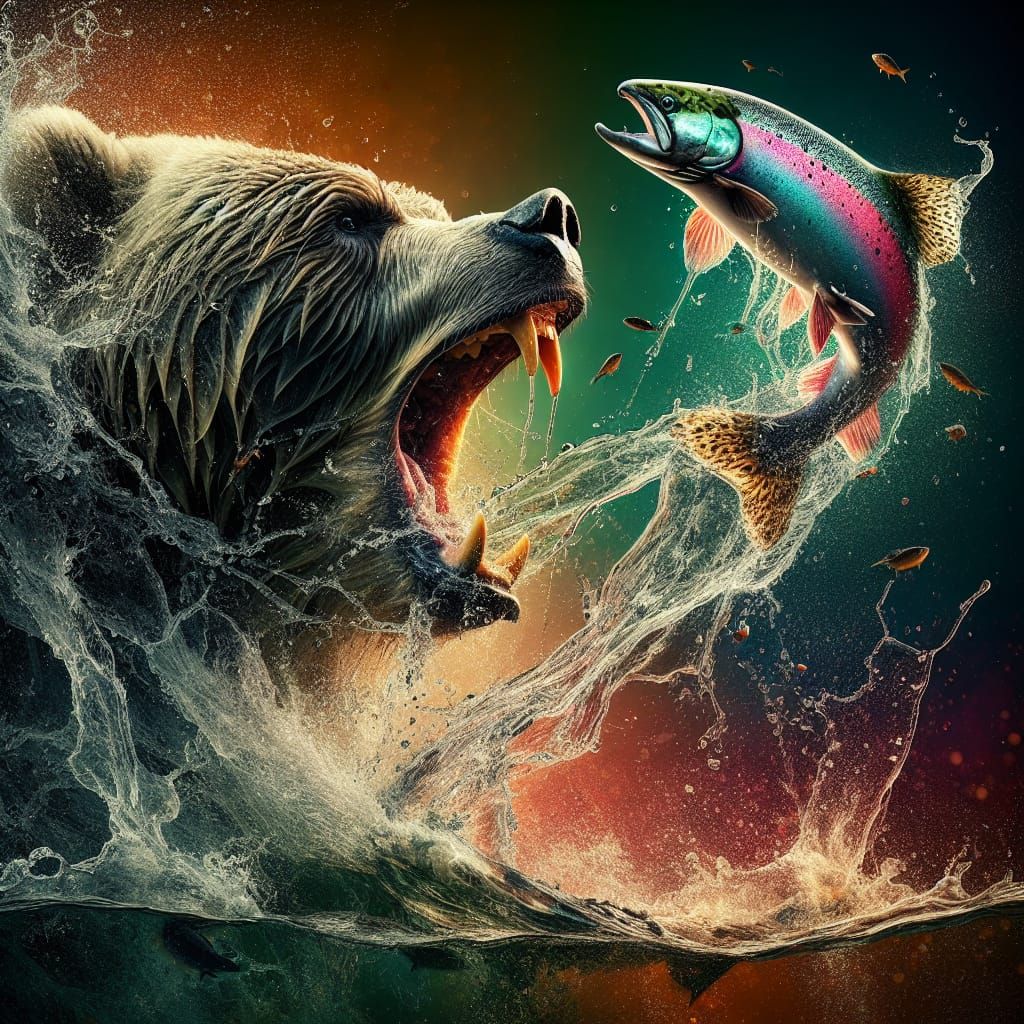 Salmon Leaps into Bear's Jaw in Hyperrealistic Splash Art