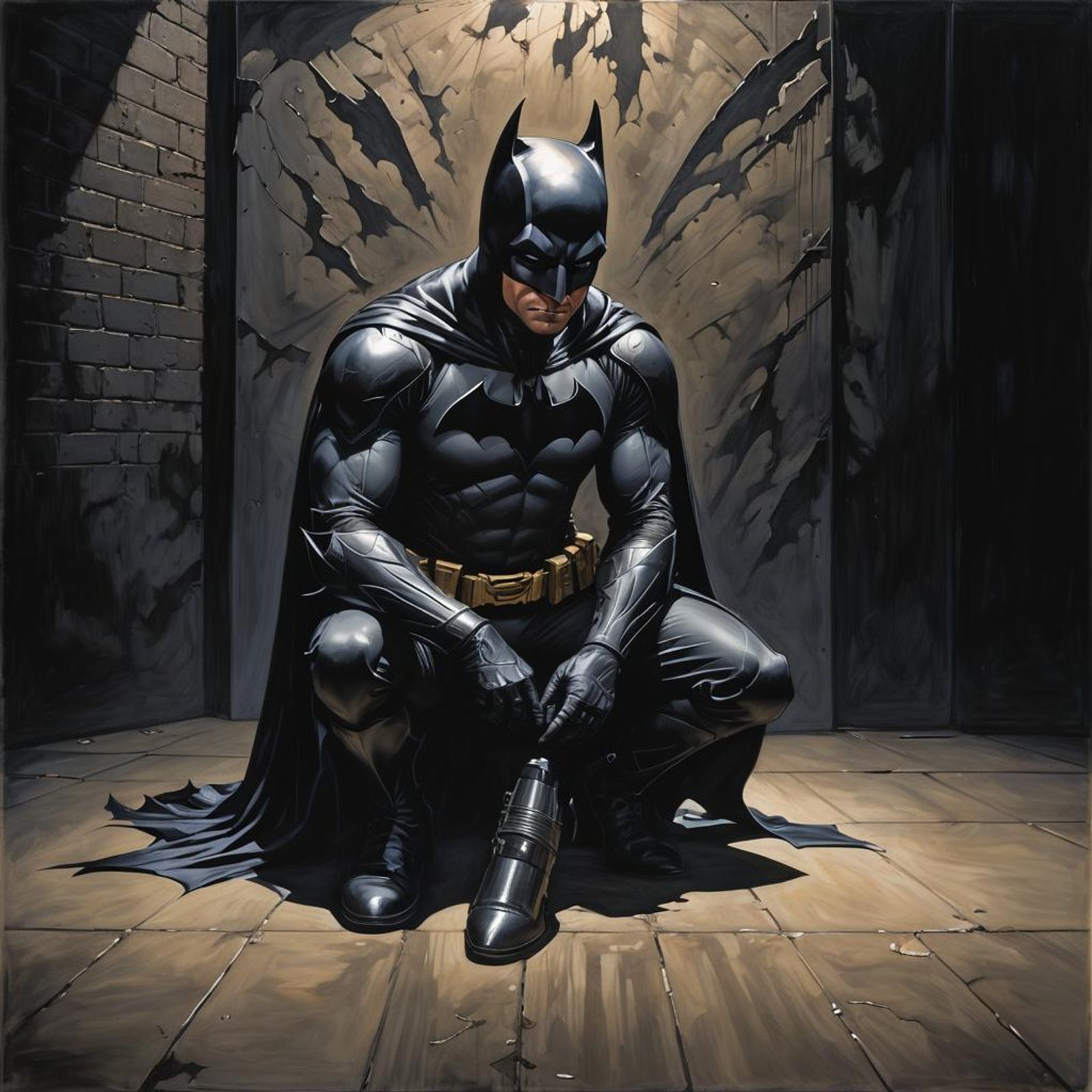 Full body male figure, Batman kneeling on the floor of a dark ally ...