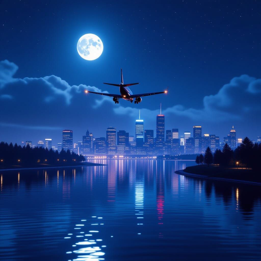 Night Cityscape Under Full Moon With Tiny Airplane