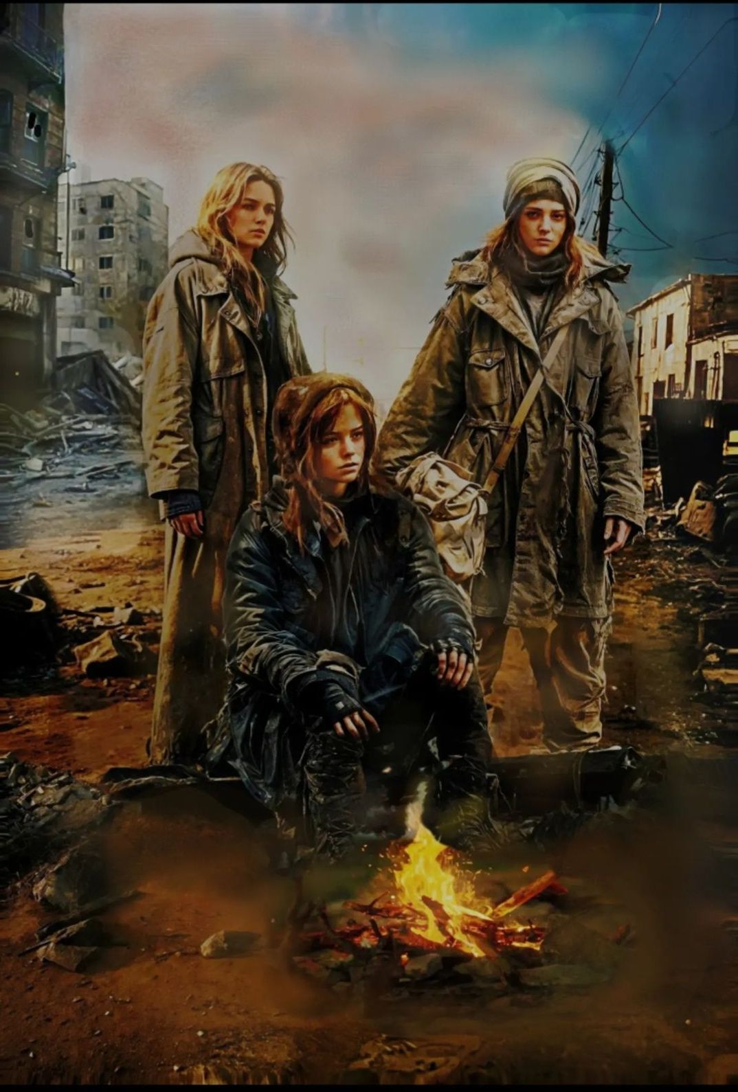 Girls, town,  bonfire . All Dystopian.
