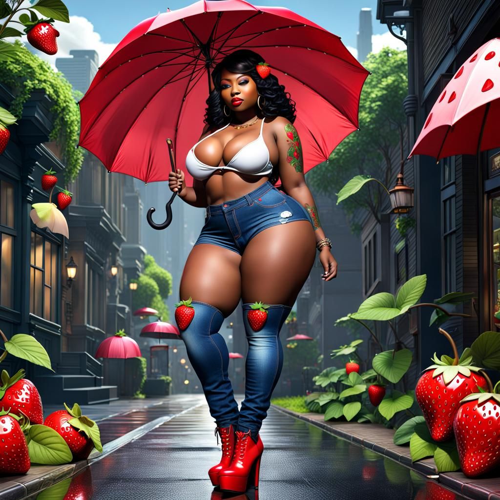 Plump apple bottom ebony thick curvy female wearing cut up denim jeans with strawberry shortcake tattoo on her bootie, heals and umbrella st...