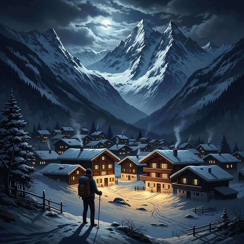  A lone hiker gazes down at a quaint Swiss village nestled in a snowy valley.