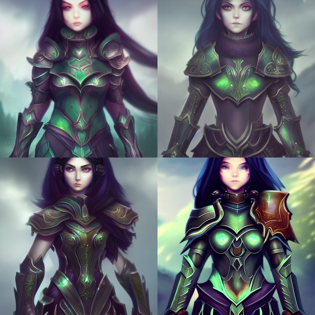 Heavy armor 
Female 
Black hair 
Green eyes 
Holy Cleric
Twi...
