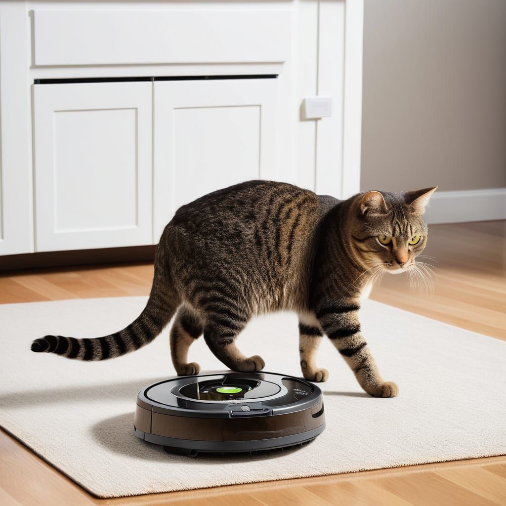 Roomba vacuum and a cat that are everyday enemies 