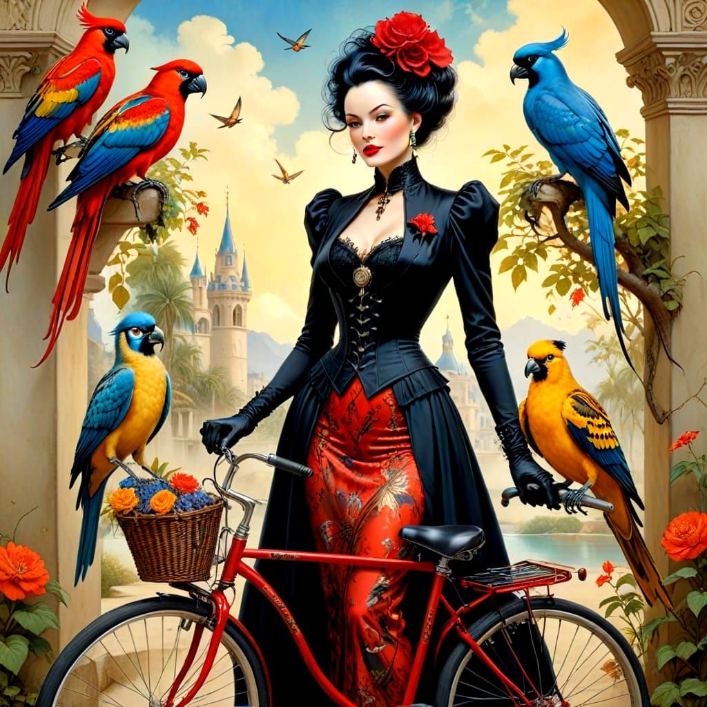 Surreal Gothic Lady Rides Bicycle in Vibrant, Exotic Surroun...