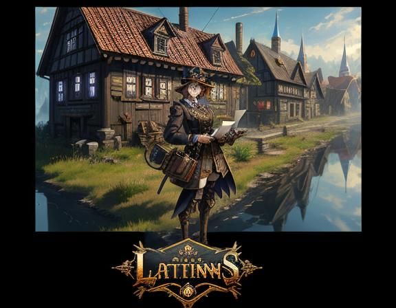 steampunk anime woman, holding a letter, standing in a small...