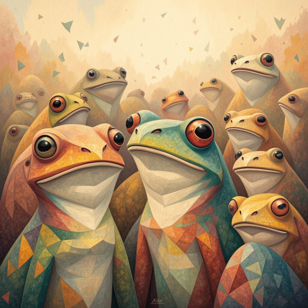 group of smiling happy frogs, warm watercolours, delicate colours, light, surreal, detailed matte oil painting<lora:Geometrika:1.0>