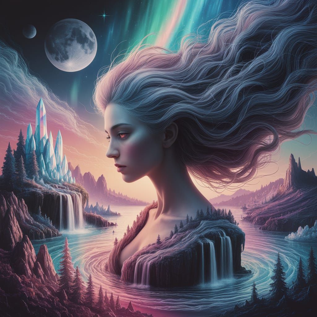 Surreal Landscape Woman: Ethereal Impressionism and Fantasy